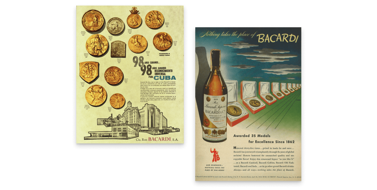 Two vintage BACARDÍ advertisements displaying gold medals and historical brand achievements.