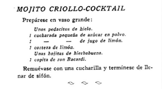 Vintage Mojito Criollo-Cocktail recipe document in Spanish with handwritten ingredients.