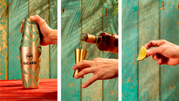 Triptych panel showing cocktail preparation with hand holding gold cocktail shaker.