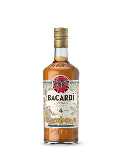 BACARDÍ Añejo Cuatro rum bottle with red bat logo, gold cap, displaying "Aged 4 Years" text.