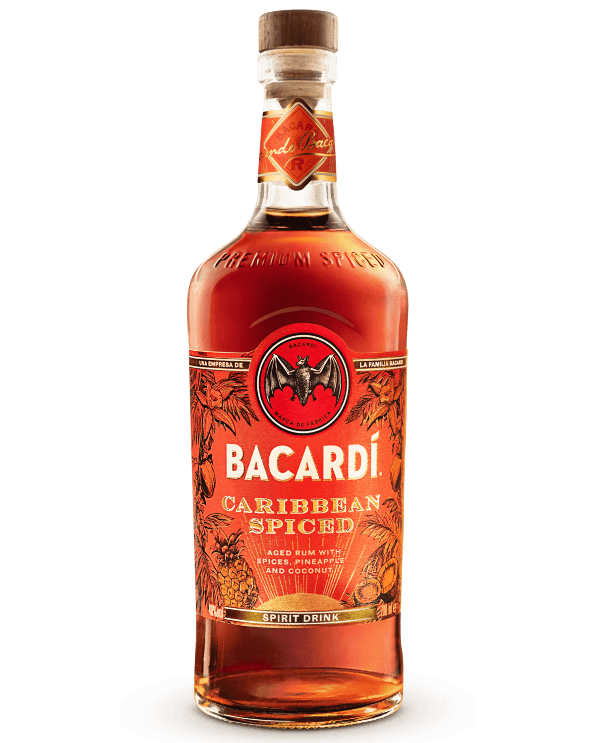 BACARDÍ Caribbean Spiced rum bottle with red and orange label, gold lettering, wooden cork stopper.