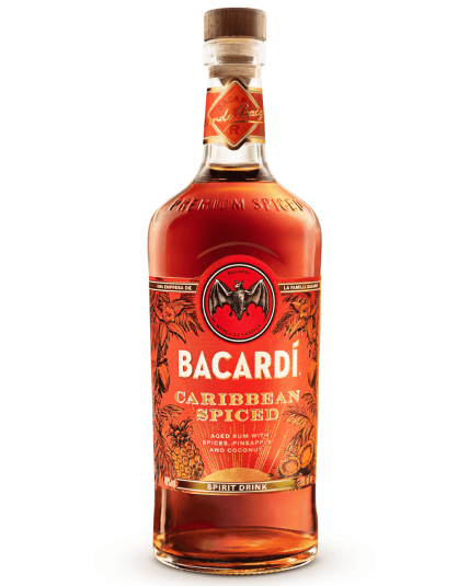 BACARDÍ Caribbean Spiced rum bottle with red, orange label and wooden cork stopper.