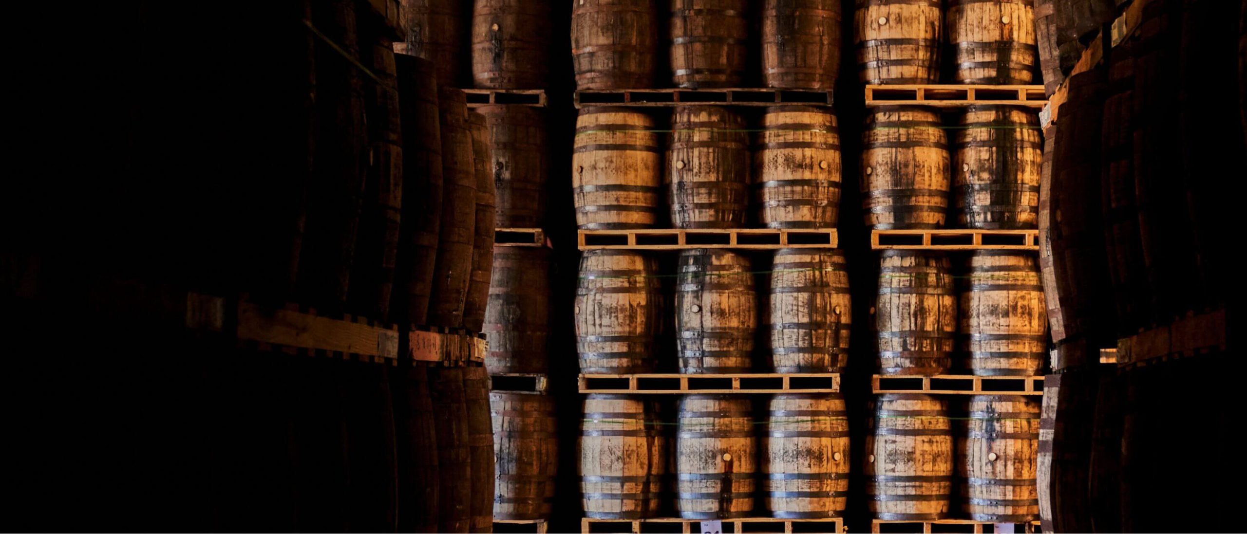 Numerous wooden barrels stacked on pallets in a dimly lit aging cellar.