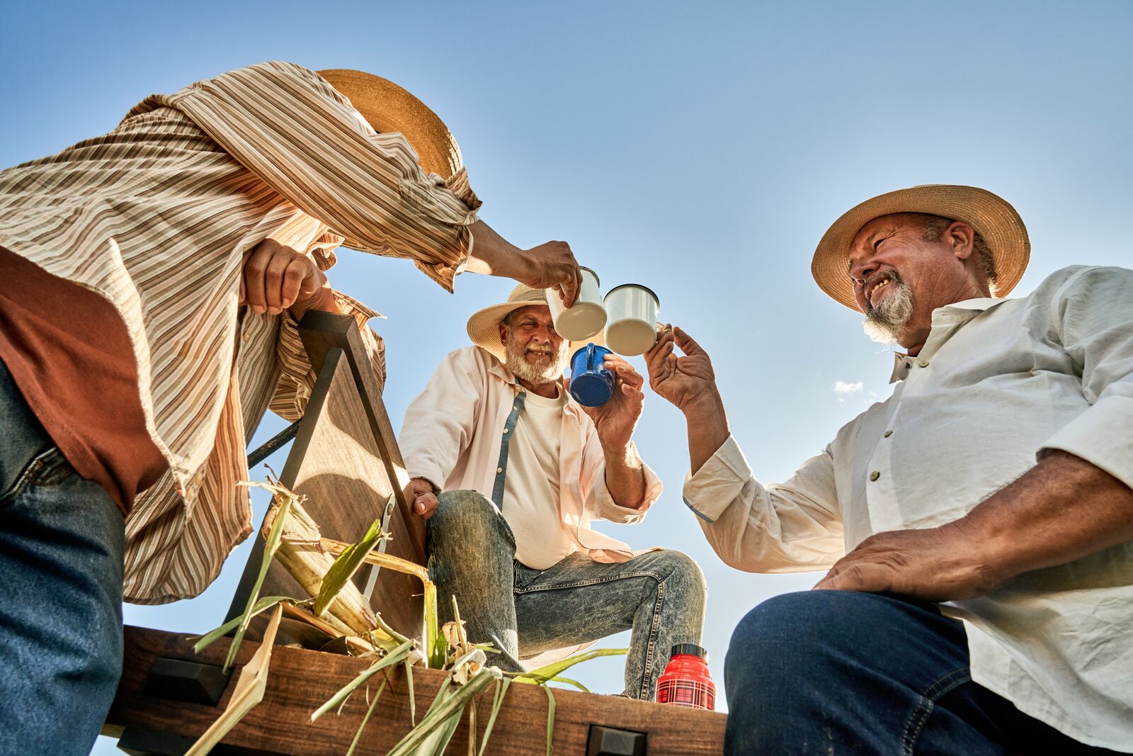 Three individuals in straw hats toasting with enamel mugs in a rural outdoor setting.