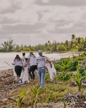 Five people walking along a sandy beach, carrying white trash bags during a cleanup effort.