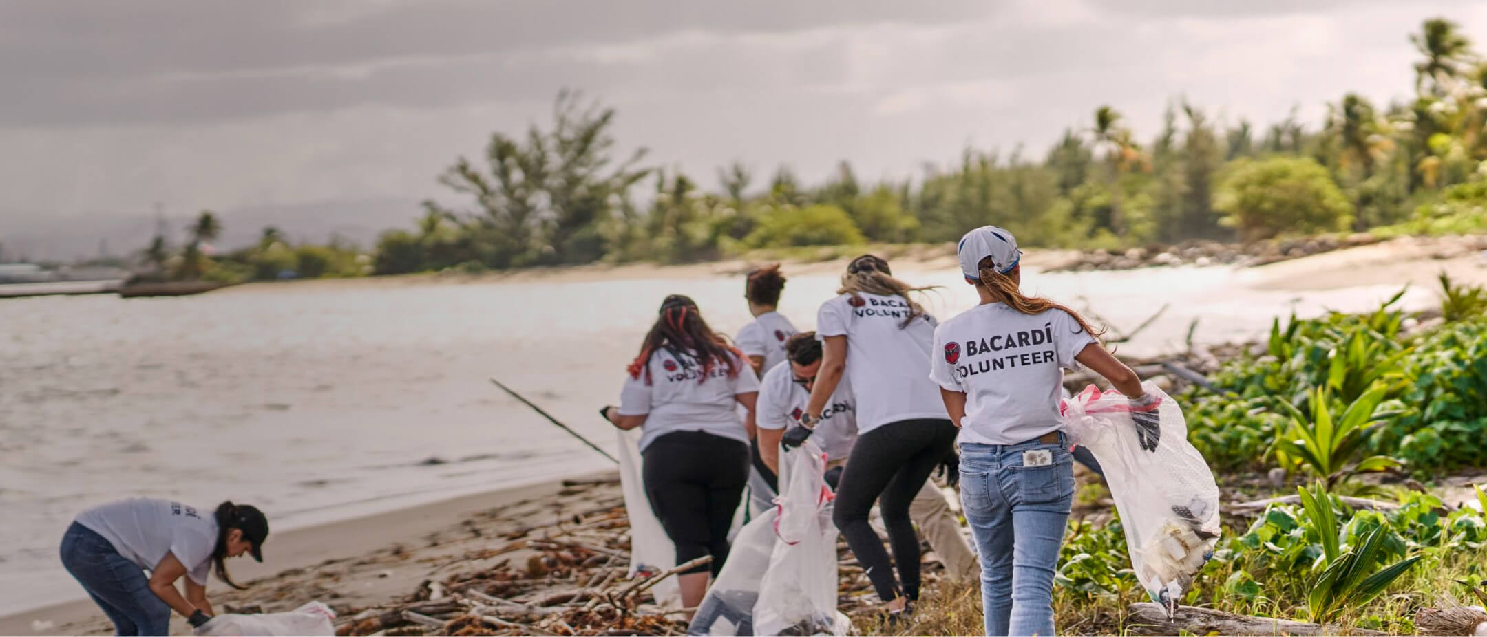 Bacardí volunteers cleaning a tropical beach, carrying large clear plastic bags filled with collected trash.