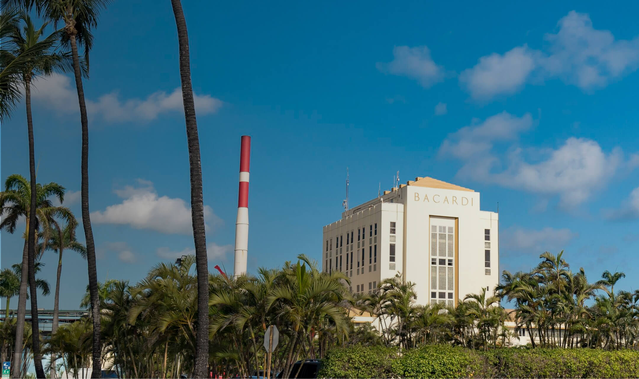 BACARDÍ white building with red and white industrial chimney, surrounded by lush green palm trees.