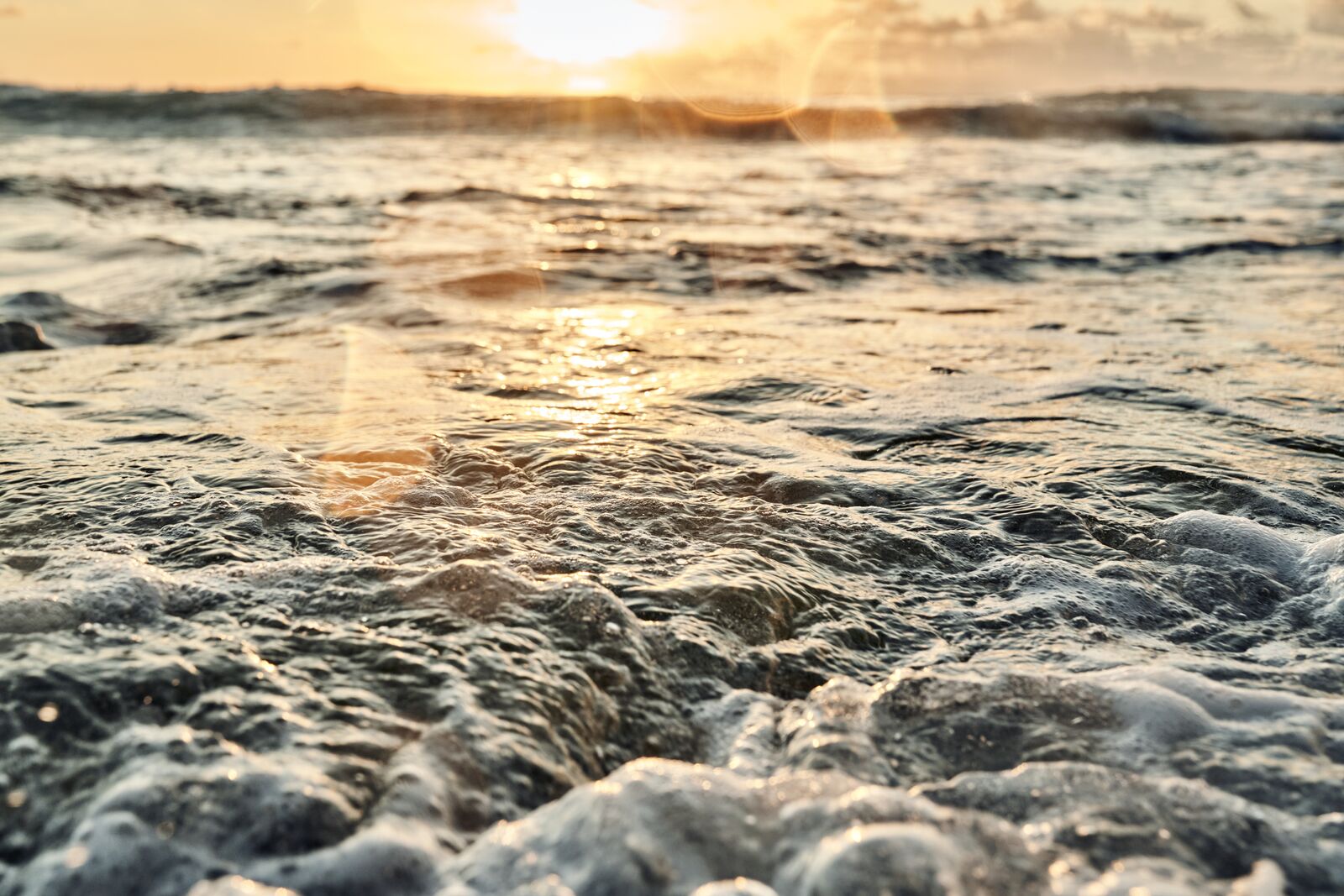 Close-up of ocean waves at sunset with foamy water and soft golden light.