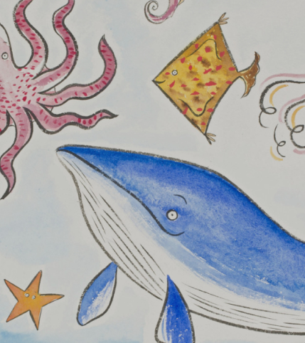 Watercolor illustration of a blue whale swimming upward with a pink octopus, yellow flatfish, and orange starfish.