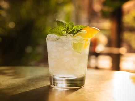 Cocktail in clear glass with crushed ice, mint leaves, lime slice, orange wedge.