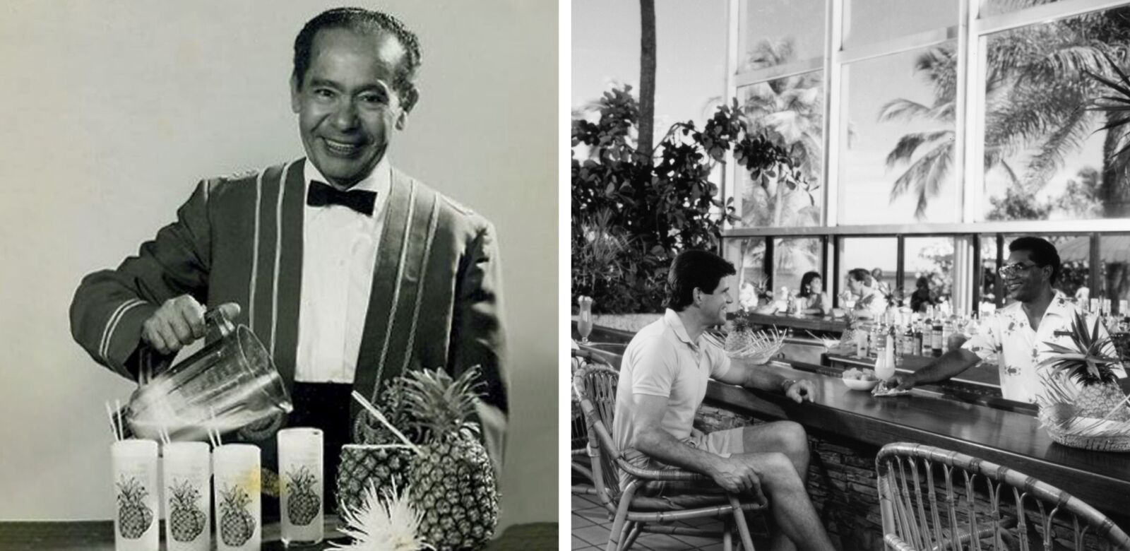 Black and white diptych showing historical cocktail preparation with pineapple, pitcher, and tropical bar scenes.
