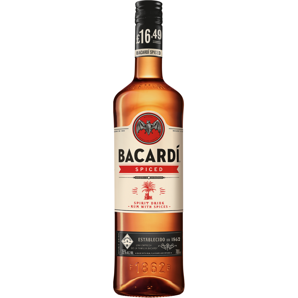 BACARDÍ Spiced rum bottle with white label, displaying £16.49 price tag.