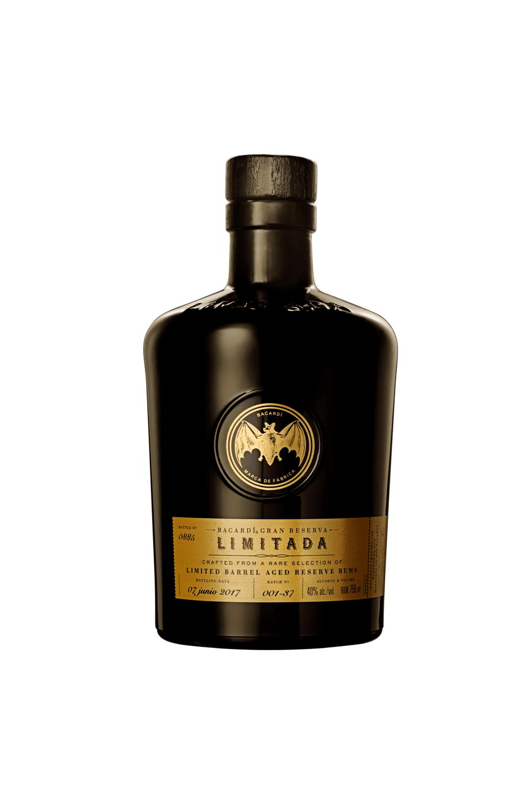 Dark matte black BACARDÍ Gran Reserva Limitada rum bottle with gold and black label, wooden stopper.