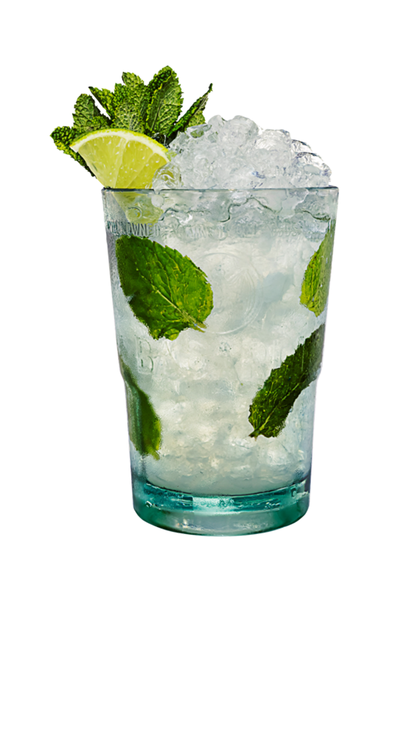 Mojito cocktail in clear glass, filled with crushed ice, lime wedge, mint leaves.