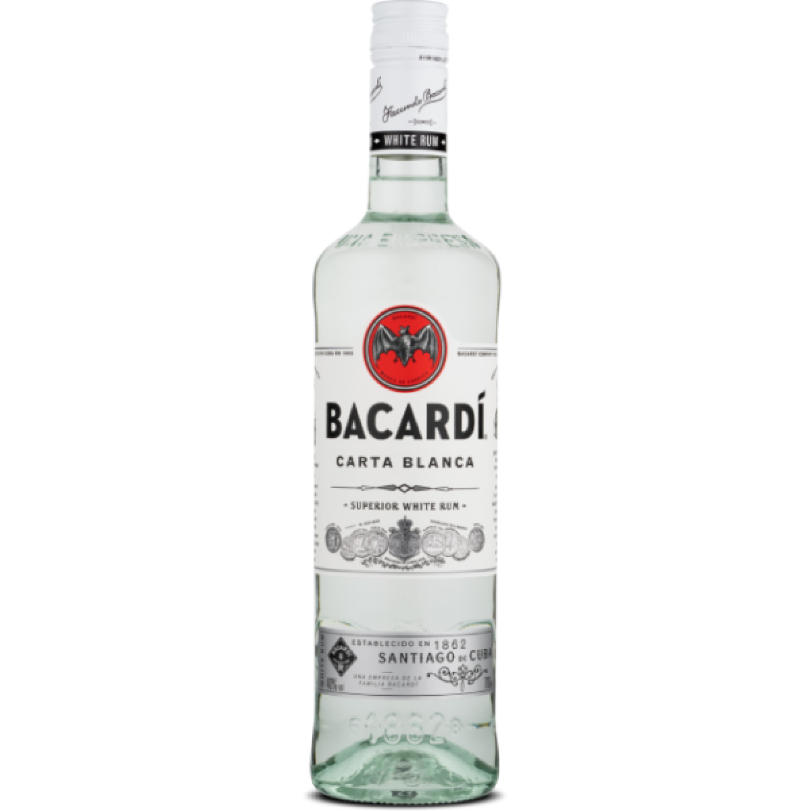 Clear BACARDÍ Carta Blanca rum bottle with white label, prominent red bat logo.