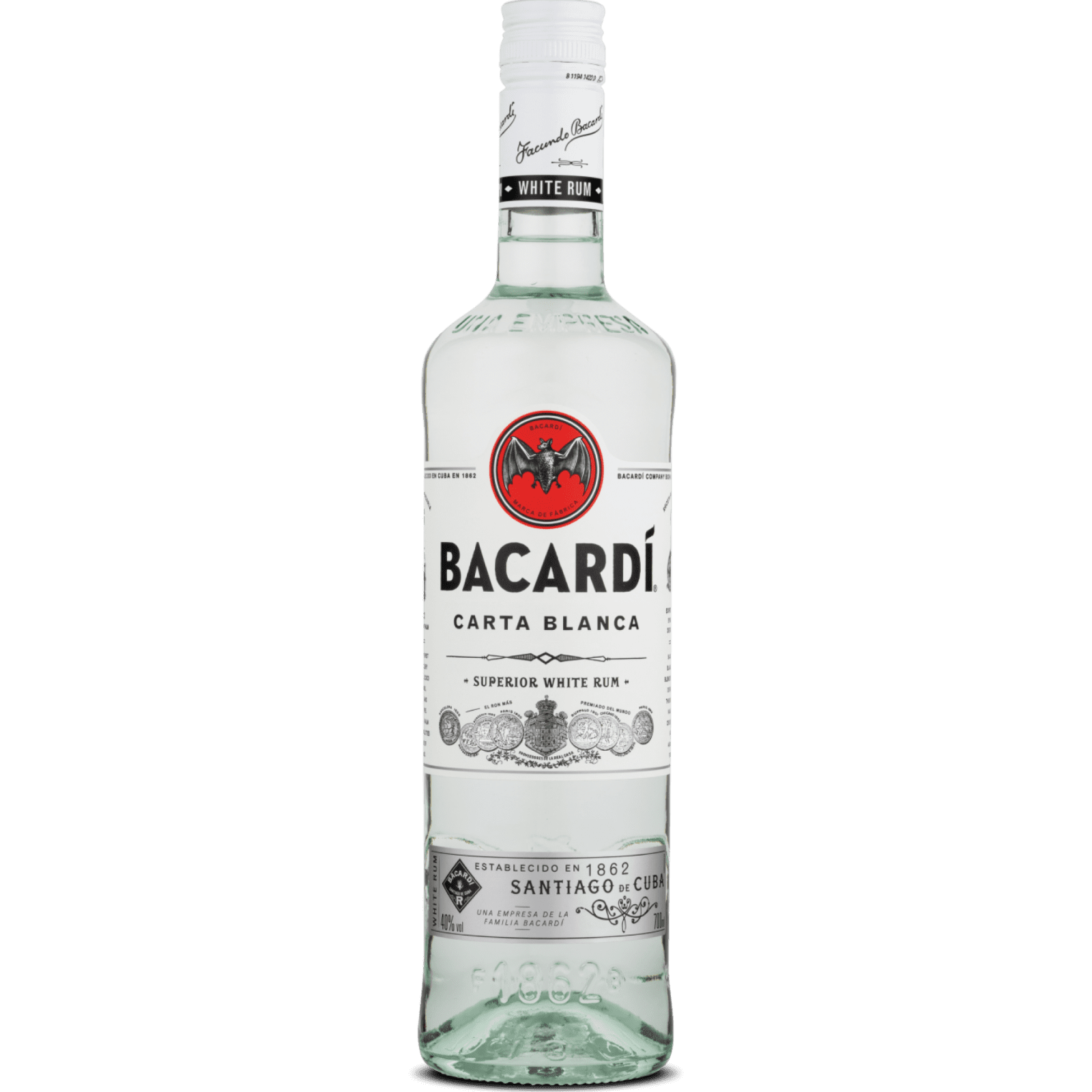 Clear BACARDÍ Carta Blanca rum bottle with white label against dark green background.