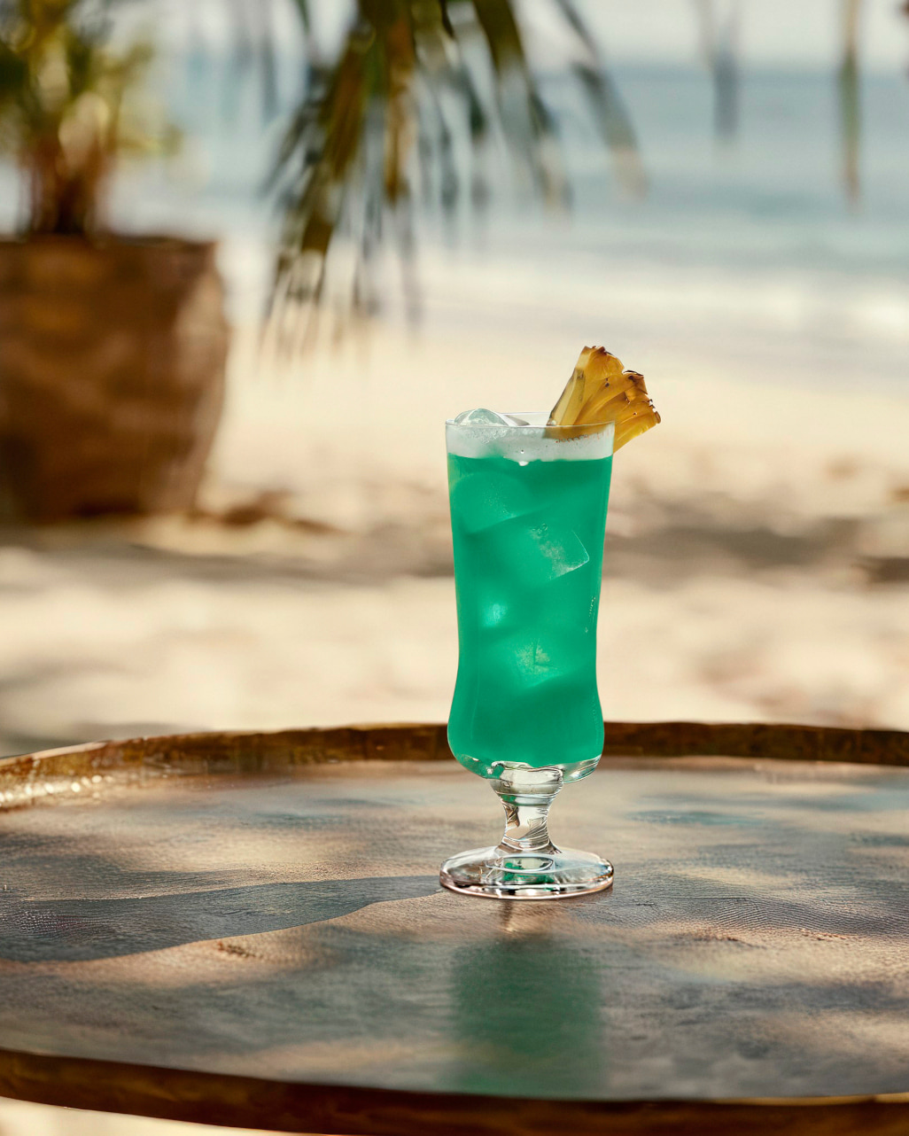 Blue-green cocktail in a tall stemmed glass with two pineapple wedges and ice cubes.
