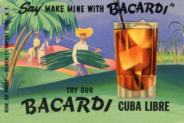 Vintage illustration of BACARDÍ Cuba Libre with a tall glass, ice, and a tropical rural scene.