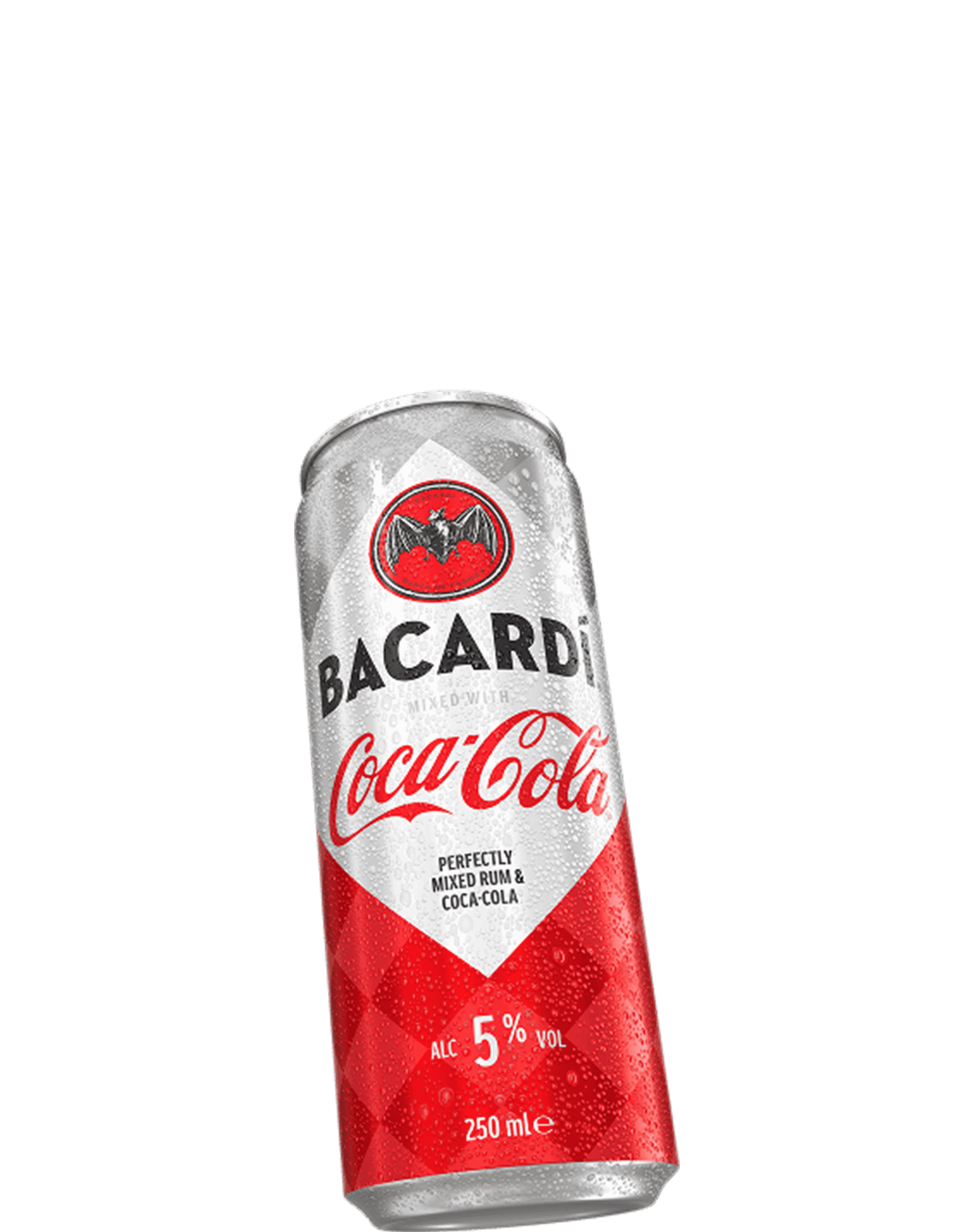 Aluminum can of BACARDÍ mixed with Coca-Cola, featuring red and silver design with condensation droplets.