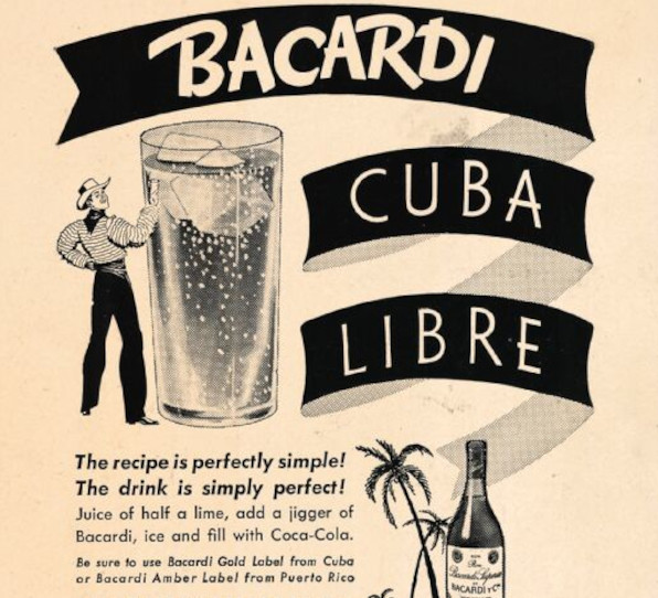 Black and white vintage BACARDÍ Cuba Libre advertisement with a stylized man, cocktail glass, and recipe.