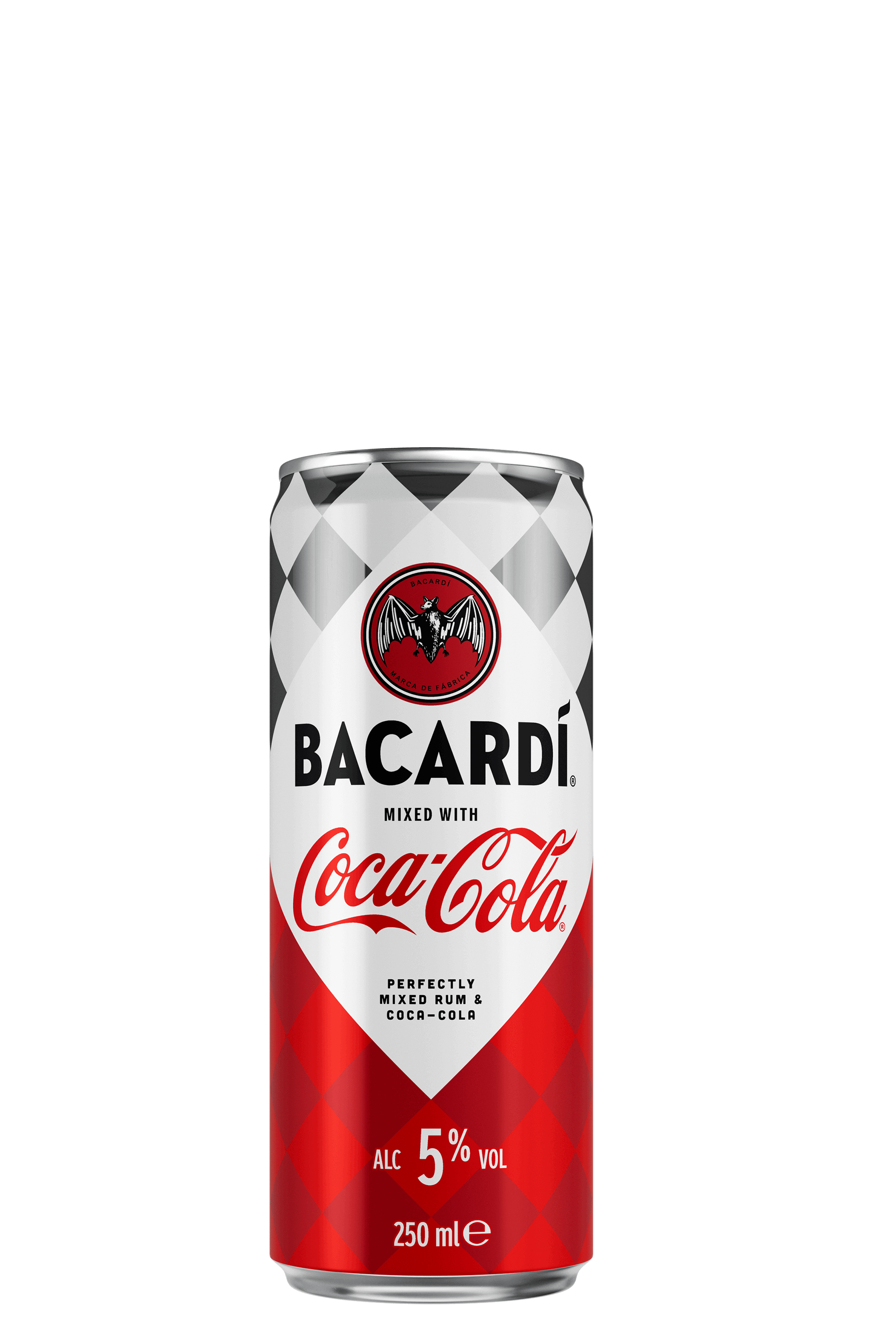 Bacardí Mixed with Coca-Cola can standing upright with white, silver, and red diamond pattern.
